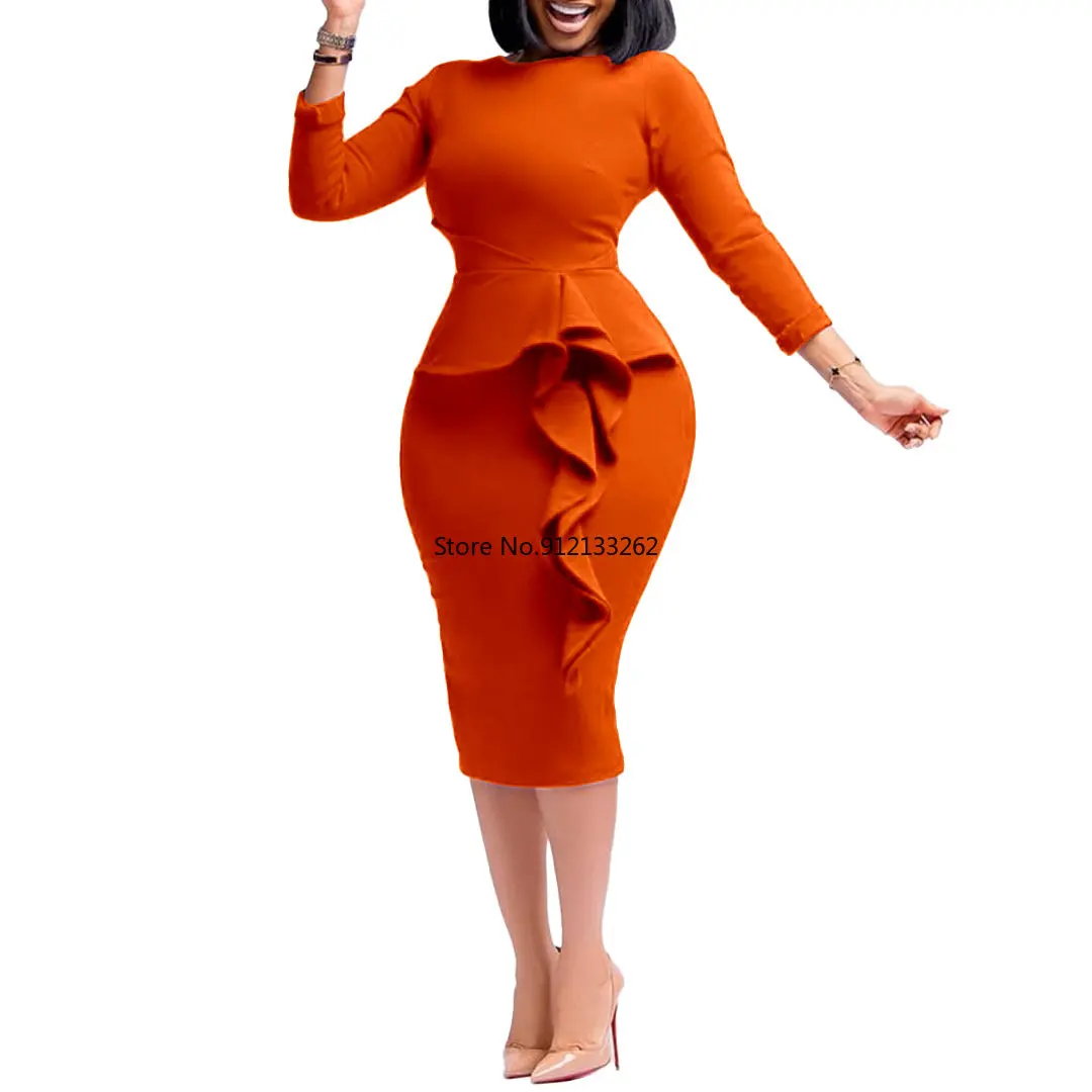 

2023 autumn elegent fashion style african women o-neck polyester knee-length dress S-3XL