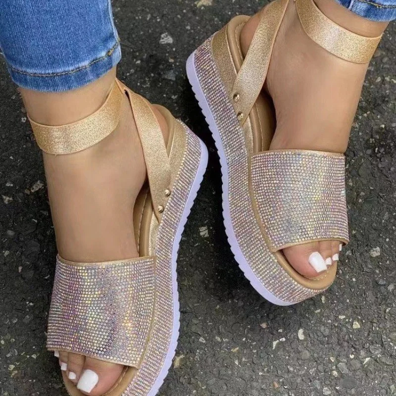 Fashion Rhinestone Wedge Sandals Women's Summer New High Heel Flat Shoes Women's Sandals Outdoor Open Toe Large Casual Sandals
