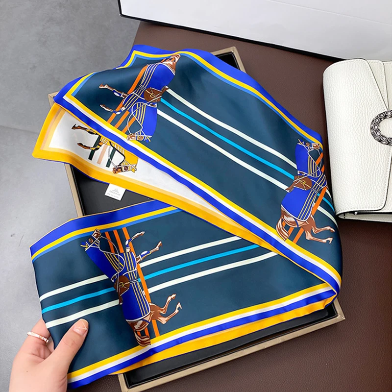 

Long Blue Horse Print Silk Scarf Ribbon Women Satin Neck Hair Tie Band Soft Neckerchife Luxury Designer Hijab Head Female Foular