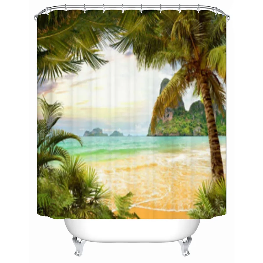 

Ocean Shower Curtain, Palm Coconut Trees And Ocean Waves Mountains On Paradise Island Beach Fabric Bathroom Decor Set With Hooks