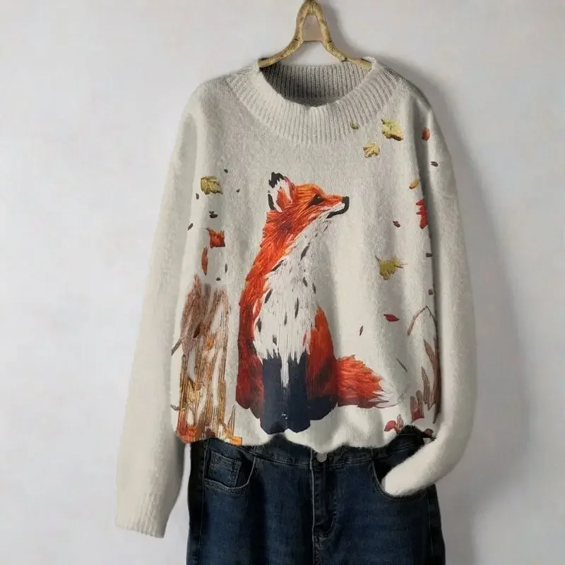 Новый осенний вязаный свитер с принтом лисы женский повседневный свободный