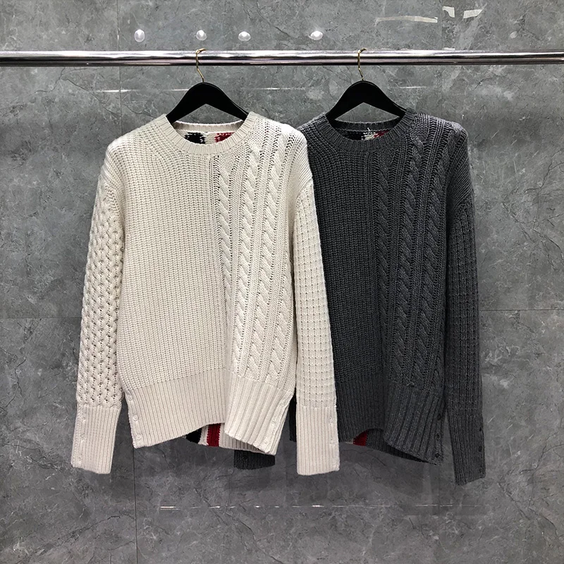 

TB THOM Sweater Autunm Winter Sweater Male Fashion Brand Donegal Tweed Filey Stitch Center Back Stripe O-Neck Pullover Coats