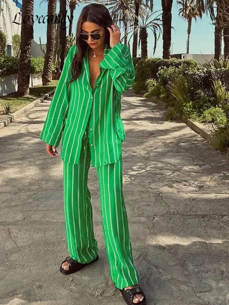 

Женские повседневные комплекты, рубашка и брюки в полоску, Топ с длинным рукавом, свободные брюки с высокой талией, комплект из 2 предметов, ж...