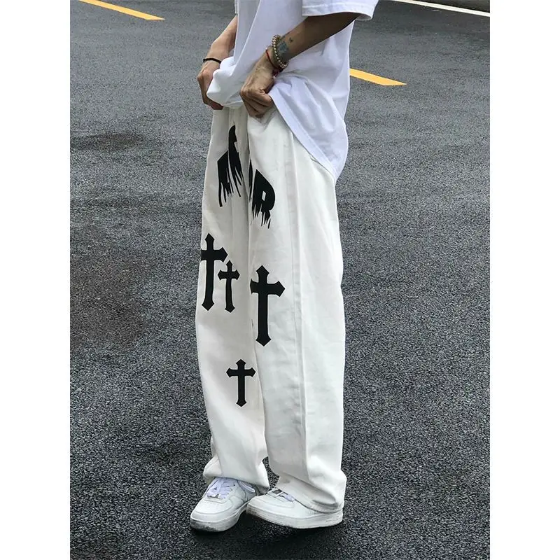 Cross Print Jeans High Street Loose Straight Jean Men and Women Wide Leg Mopping Daddy Pants 2023 Y2k Hip Hop Denim Pant White