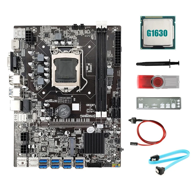 

B75 8USB BTC Mining Motherboard+G1630 CPU+64G USB Driver+SATA Cable+Switch Cable+Thermal Grease+Baffle For ETH Miner