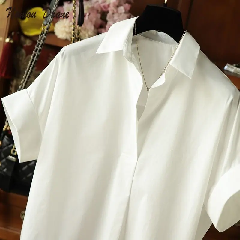 

Namou Drane Women Blouses Causal Batwing Short Sleeve Tops Shirt 2022 Sumemr New Fashion Turn-down Collar Blusas Mujer De Moda