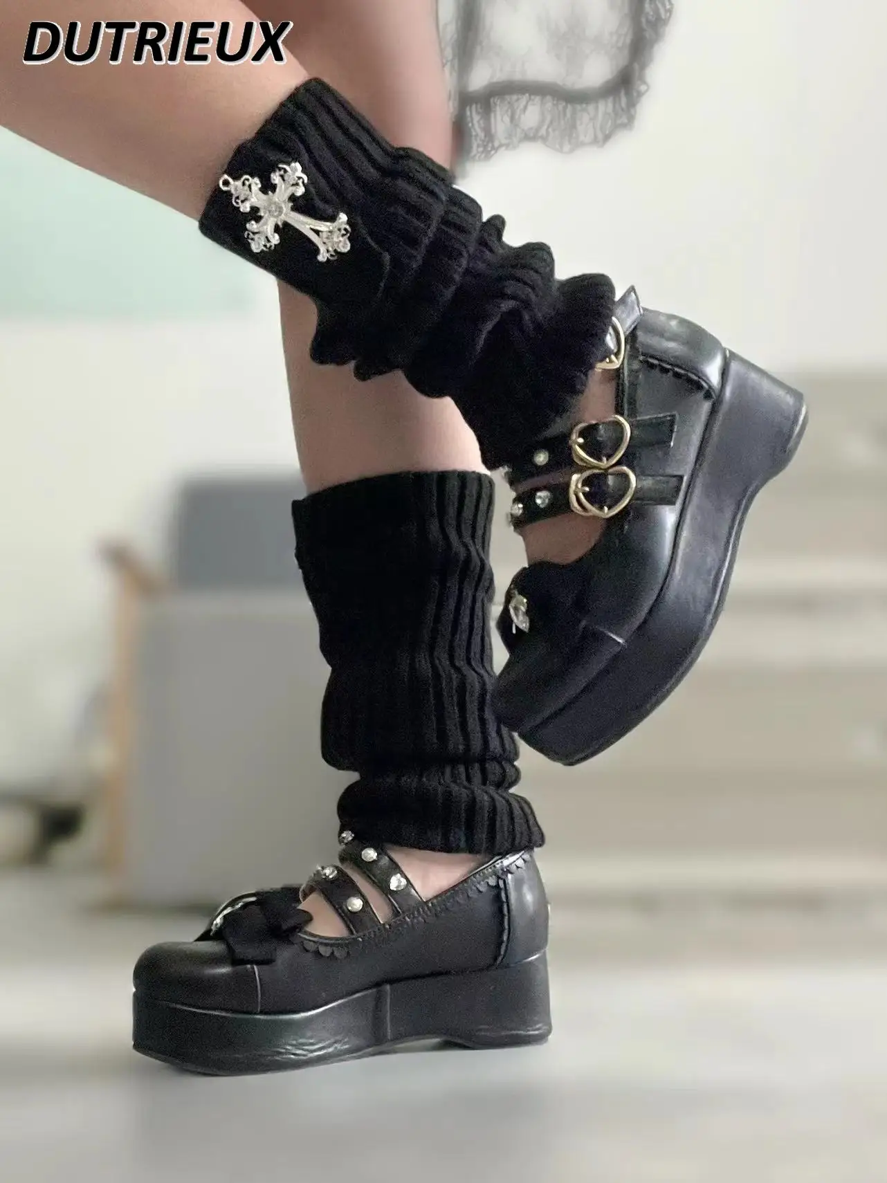 

Autumn and Winter Socking for Women Wool Cross Leg Warmer Japanese Style Mine Punk Fashion Knitted Warm Bunching Calf Socks