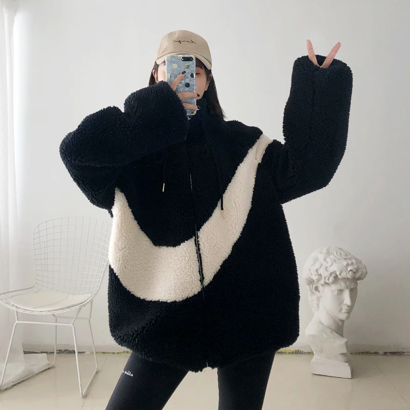 Women's Boyfriend Style Striped Pattern Coats Winter Thick Warm Loose Woolen Coat 2023 Faux Fur Jackets Female Casual Outerwear