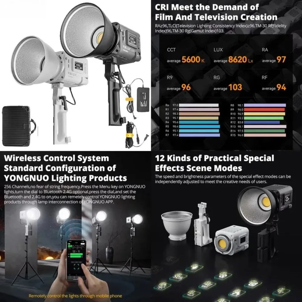 Фото LUX200 YNLUX200 200W 2700K-6500K с креплением Bowens, пластиковый уличный светодиодный светильник с ручкой, адаптером питания, управлением через приложение, TLCI 96. №2