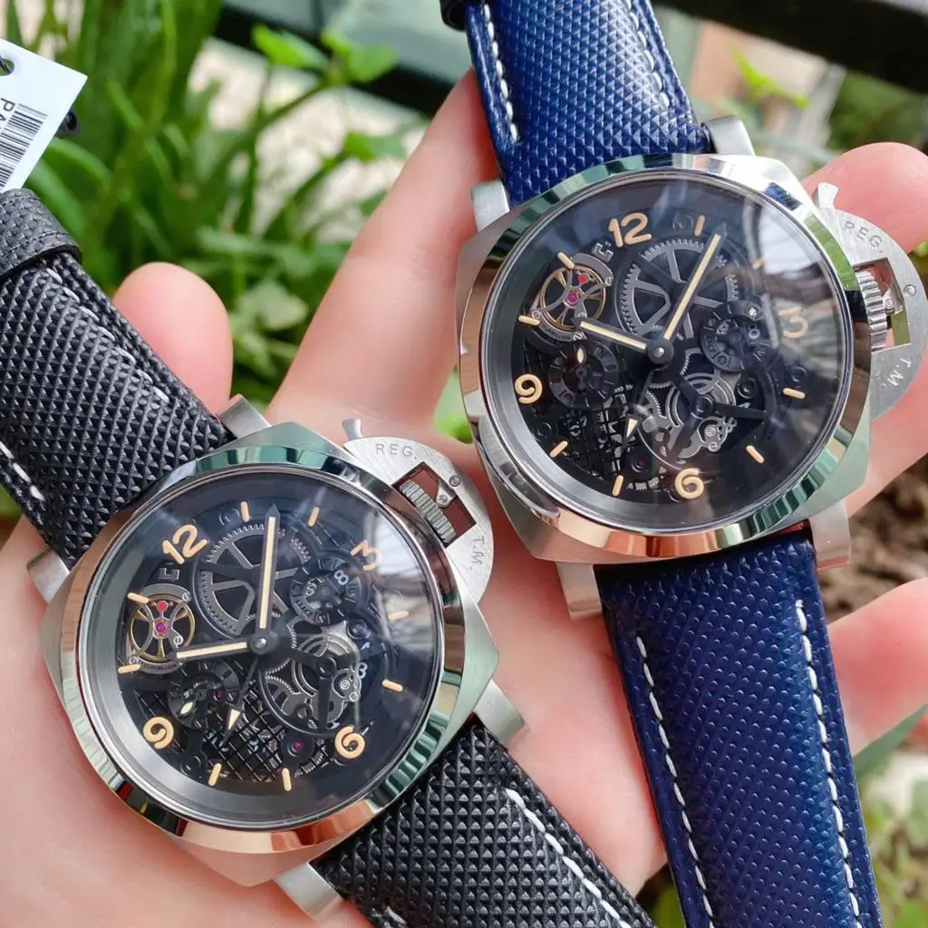 

men's watch 44mm Hollowed out automatic mechanical watch titanium case Rubber Leather strap