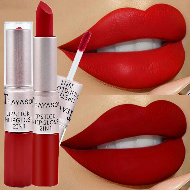 1Pc Long Lasting Velvet Matte Lipstick Double Head Lip Gloss Non-stick Cup Lip Gloss Waterproof 2 in
