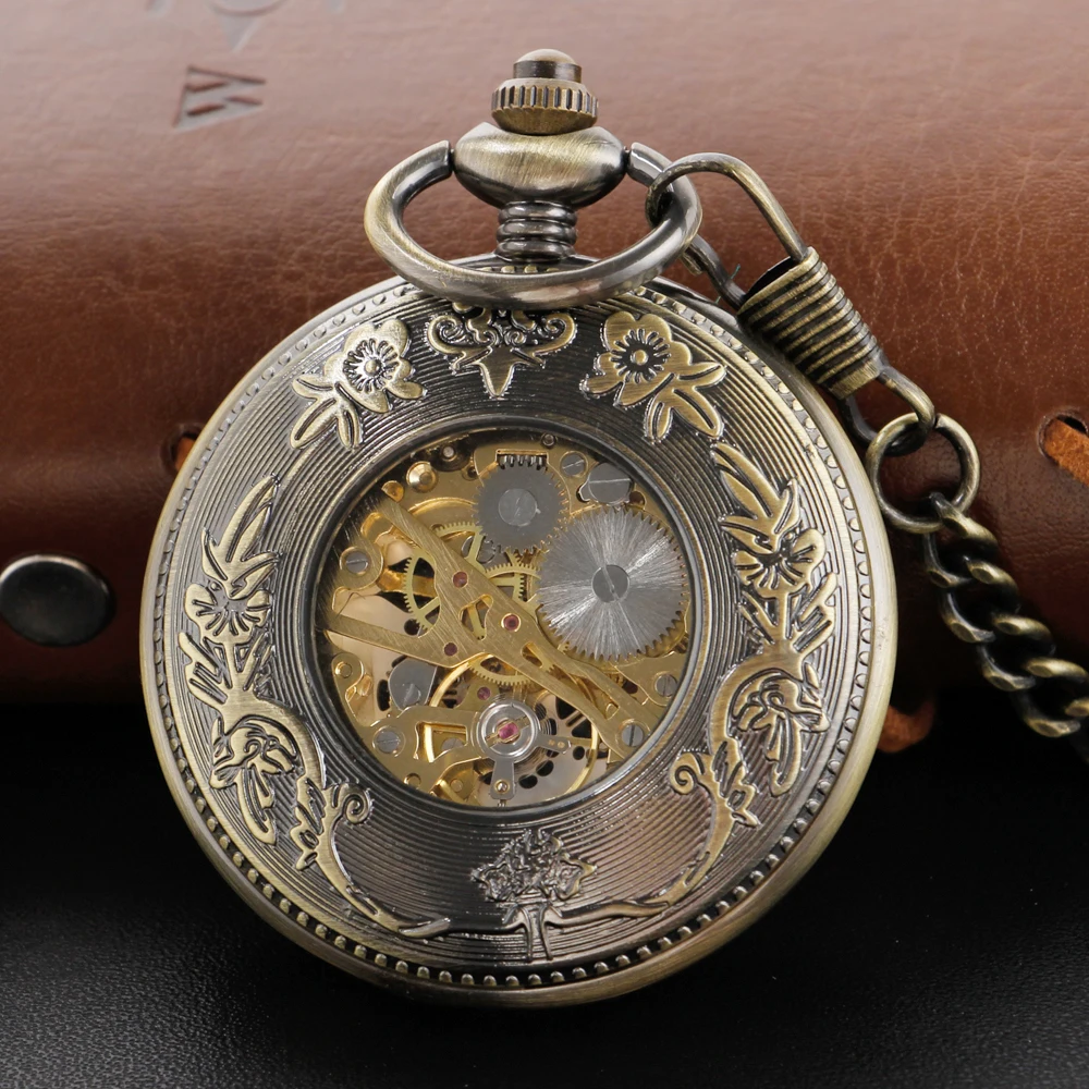 Vintage Wood Carving Hollow Skeleton Mechanical Pocket Watch Men's Fob Chain Steel Arabic Digital Sculpture Women's Men's Gift