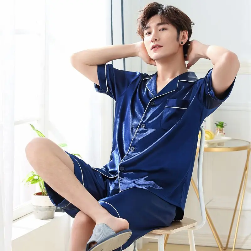 Large size pajamas summer ice silk short-sleeved shorts thin men's fattening summer imitation silk cardigan home clothes