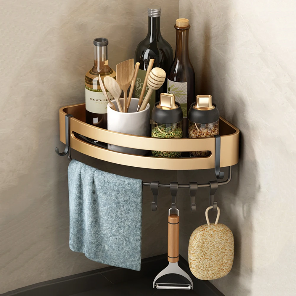 

Space Aluminum Bathroom Storage Rack with 4 Hooks Triangle Drill-Free Corner Rack Bathroom Accessories Anti-rust Shower Rack