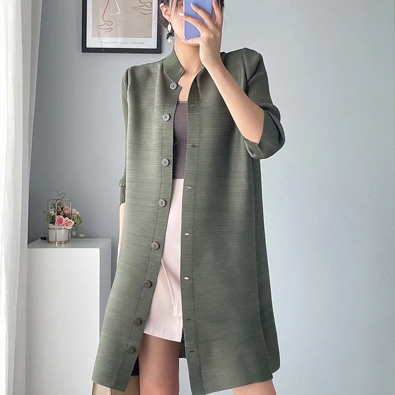Pleated Trench Windbreaker Coat Women Shirts Fall Loose Mid-Length All-match Single-breasted Half Sleeves Stand Collar Cardigan