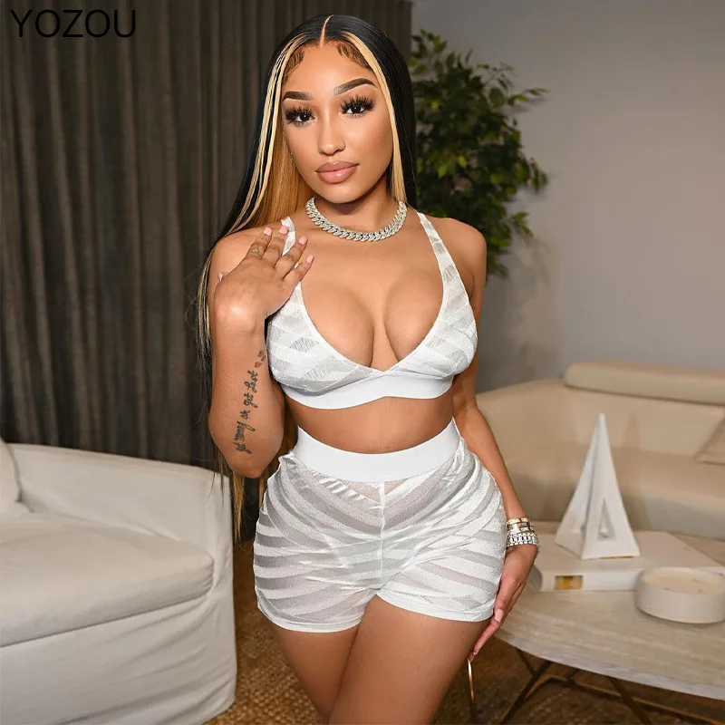 

YOZOU 2022 Summer Two-piece Women White Black Solid Short Sets Mesh Spliced Crop Top Cami V Neck Elastic High Waist Shorts Suits