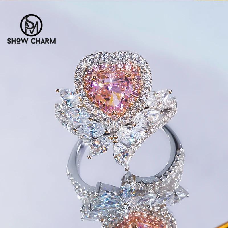 

Роскошное кольцо в форме розового сердца из стерлингового серебра S925 пробы, кольцо с высокоуглеродистым бриллиантом из циркония для женщин, изящное ювелирное изделие, подарок, супервспышка