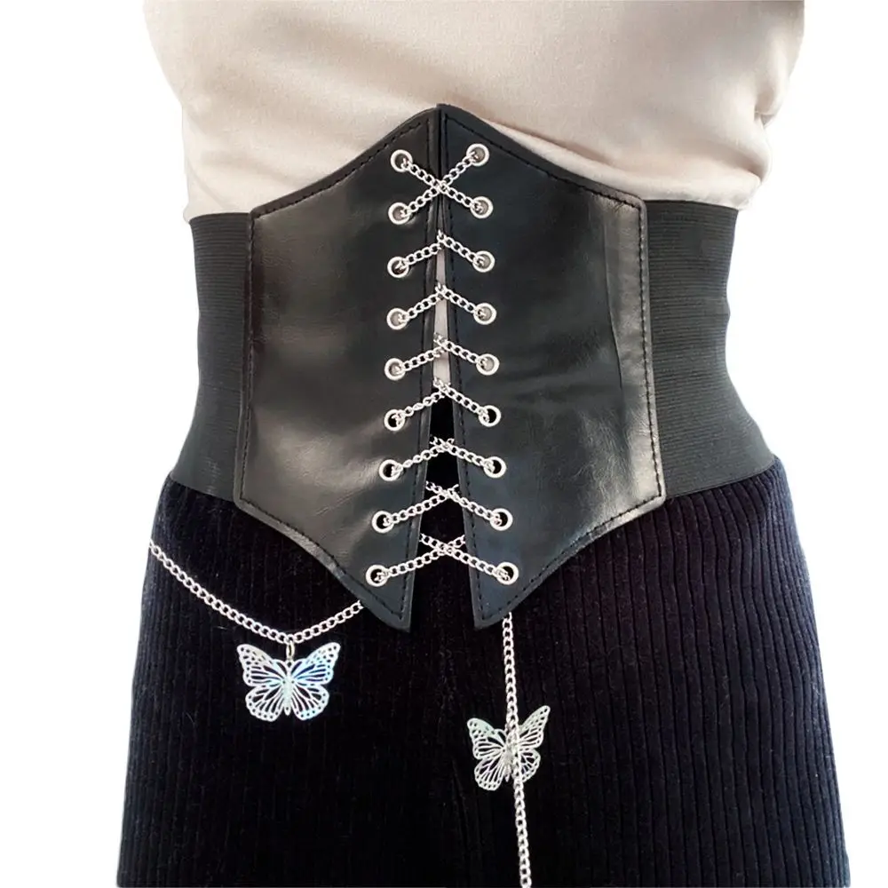 

Personality Luxury PU Leather Female Dress Corset Waist Belt Butterfly Chain Female Waistband Cummerbunds