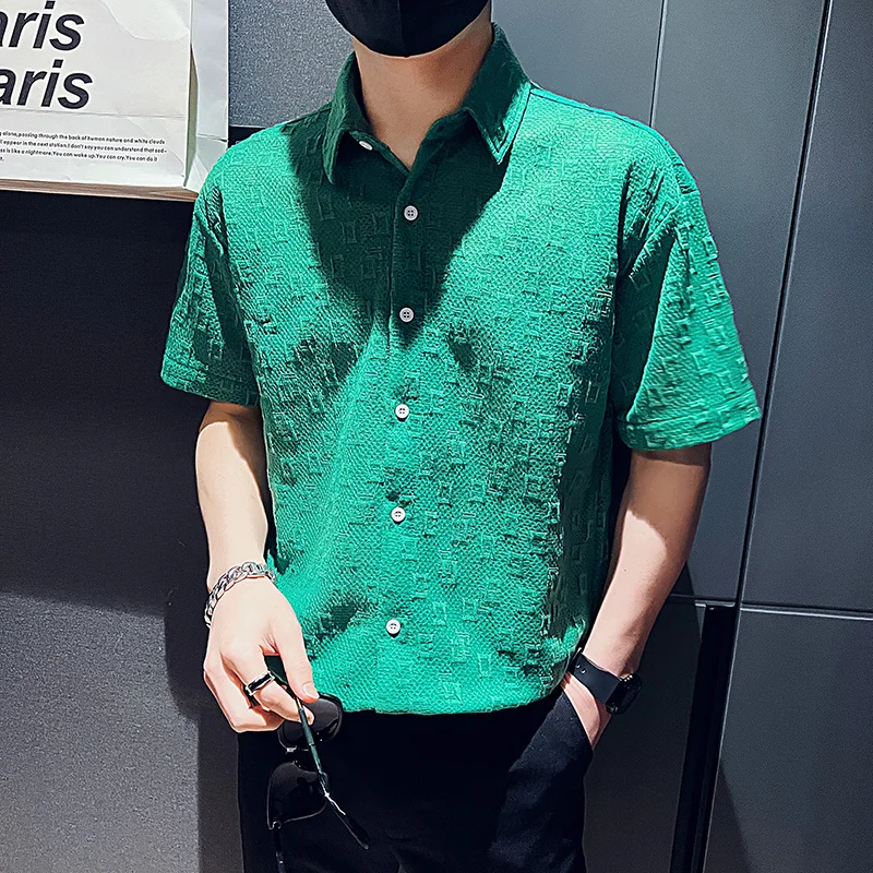 

Letter Jacquard Shirts for Men Short Sleeve Loose Streetwear Shirts Male Social Business Casual Shirt Party Tuxedo Blouse 2022