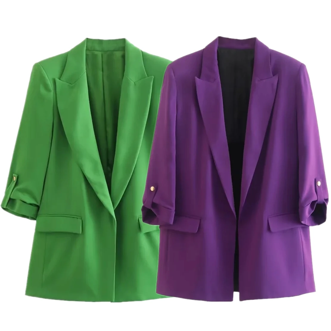 

Maxdutti Fashion Solid Notched Casual Blazers Women Tops Roll Up Sleeve Jackets