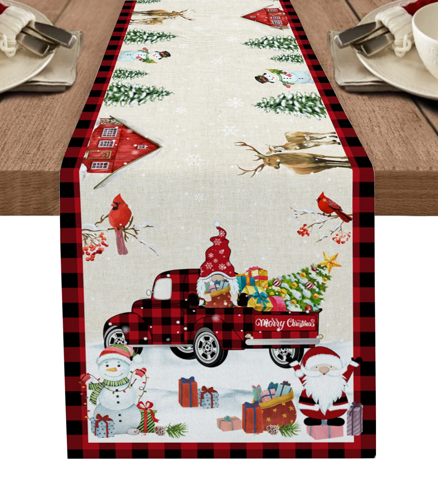 

Christmas Truck Gnome Snowman Table Runner Home Wedding Banquet Festival Party Hotel Table Decoration Table Cover