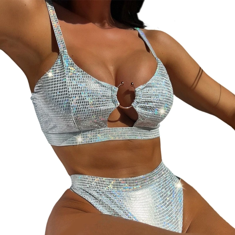 

H58D Womens O-ring Swimsuit Glitter Bathing Suits Two Pieces Bikini Swimsuit