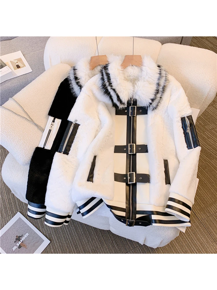 Women Casual  Fashion Imitation Fox Fur Collar Coats Female Loose Casual Warm Overcoats Lamb Fur Stitched Jackets Winter 2022