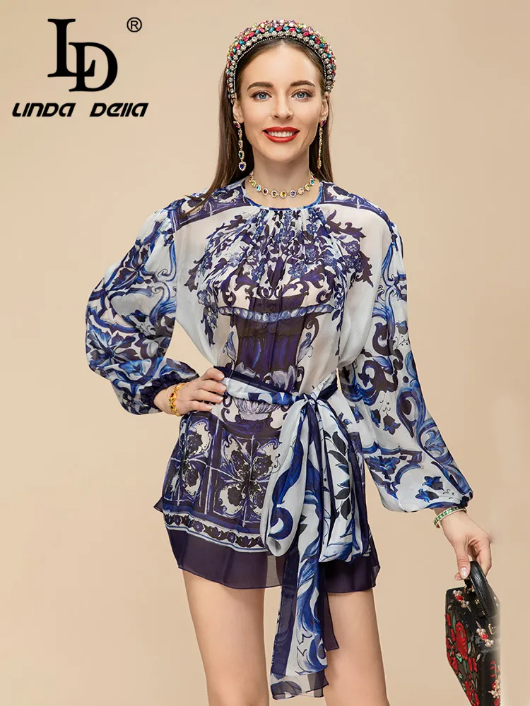 

LD LINDA DELLA New Style Fashion Designer Dress Women Blue and white porcelain Long Sleeve Real Silk High Waist Print Belt Dress