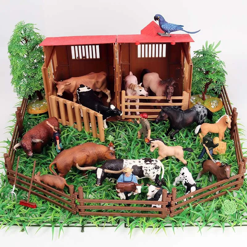 Farm Animals Figures Playset with Barn House Fence, Plastic Farm Figurines Set with Farmers Horse Cow Hen & Fodders