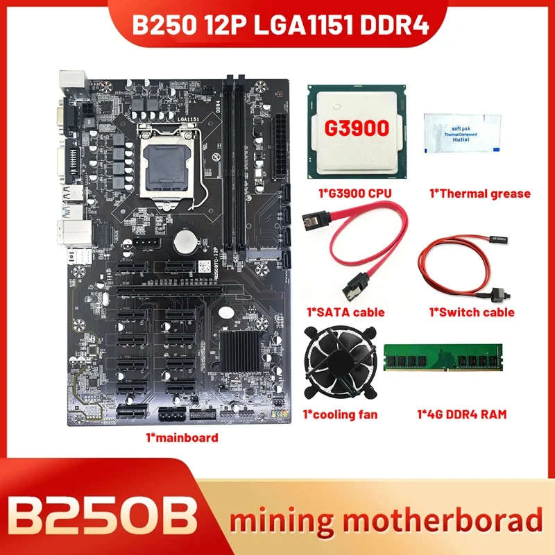 

Материнская плата для майнинга B250B 12 PCIE1X BTC + ЦП G3900 + ОЗУ 4G DDR4 + вентилятор ЦП + термопаста + линия переключения + кабель SATA LGA1151 MSATA