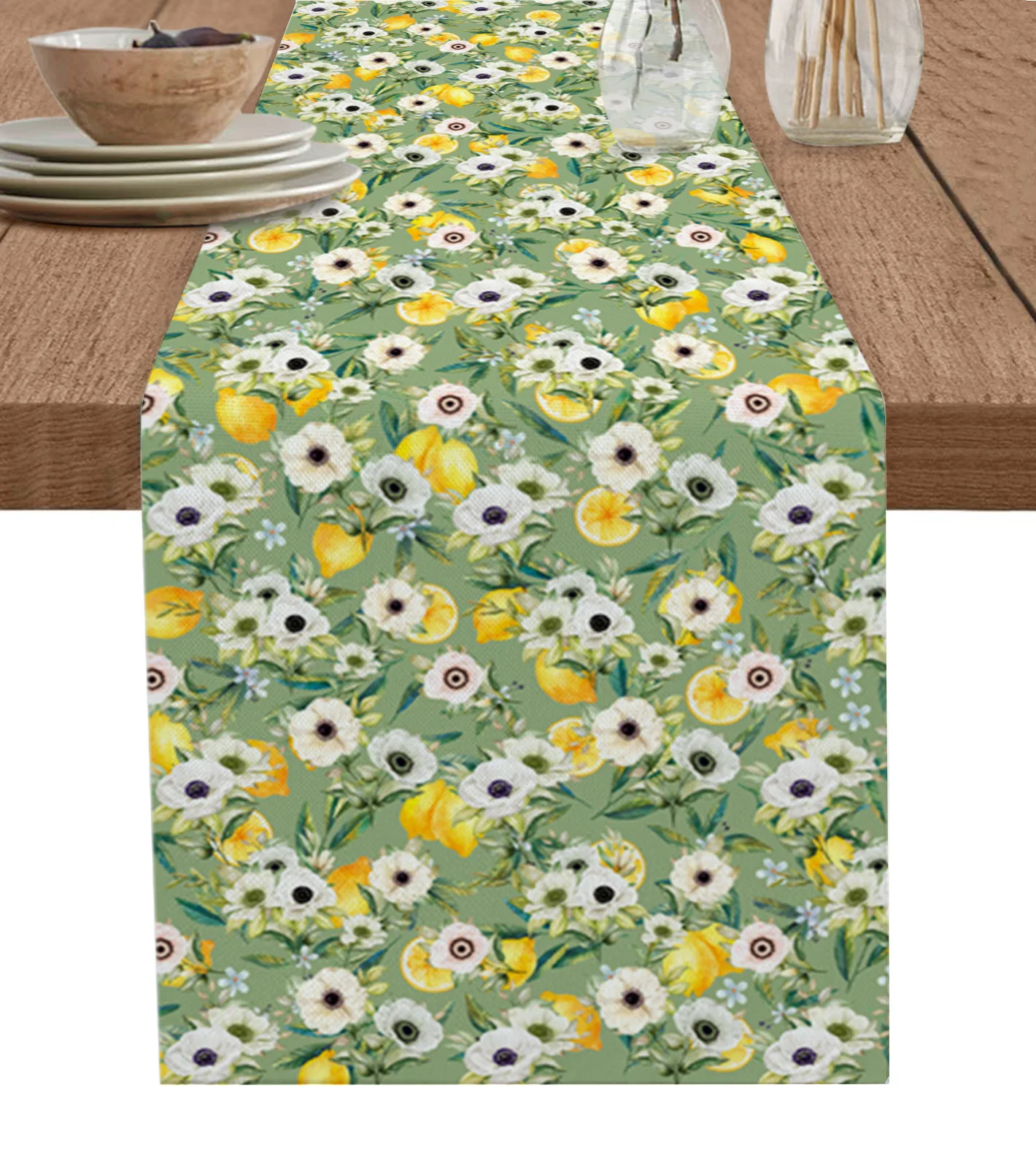 

Summer Lemon Camellia Table Runner Cotton Linen Kitchen Dining Table Decor Rustic Wedding Holiday Tablecloth
