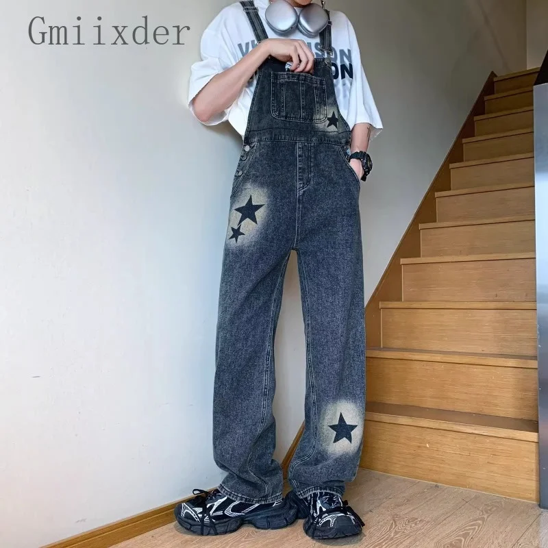 

Джинсовые брюки со звездами в американском ретро стиле, мужские винтажные комбинезоны в стиле преппи, прямой свободный Старый Школьный комбинезон с широкими штанинами, мешковатый черный комбинезон