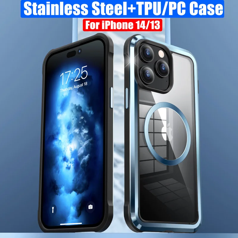 

Прозрачный металлический чехол HD из нержавеющей стали и ТПУ для iPhone 14 Pro Max Plus, магнитный чехол с поддержкой беспроводной зарядки