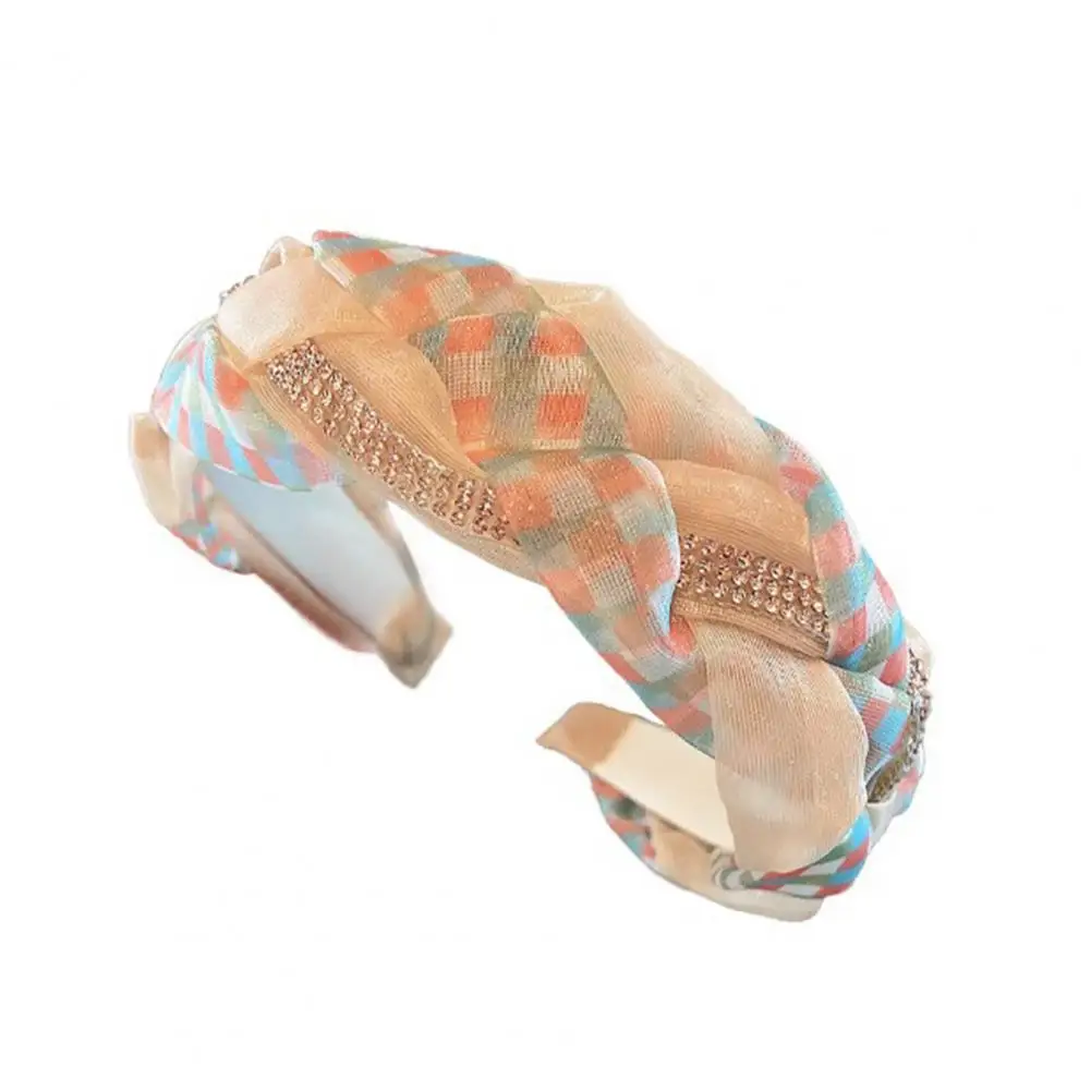 

Chic Head Bopper Shiny Rhinestone Comfortable Patchwork Color Organza Braided Pink Headband Lightweight Hair Hoop Styling Tool