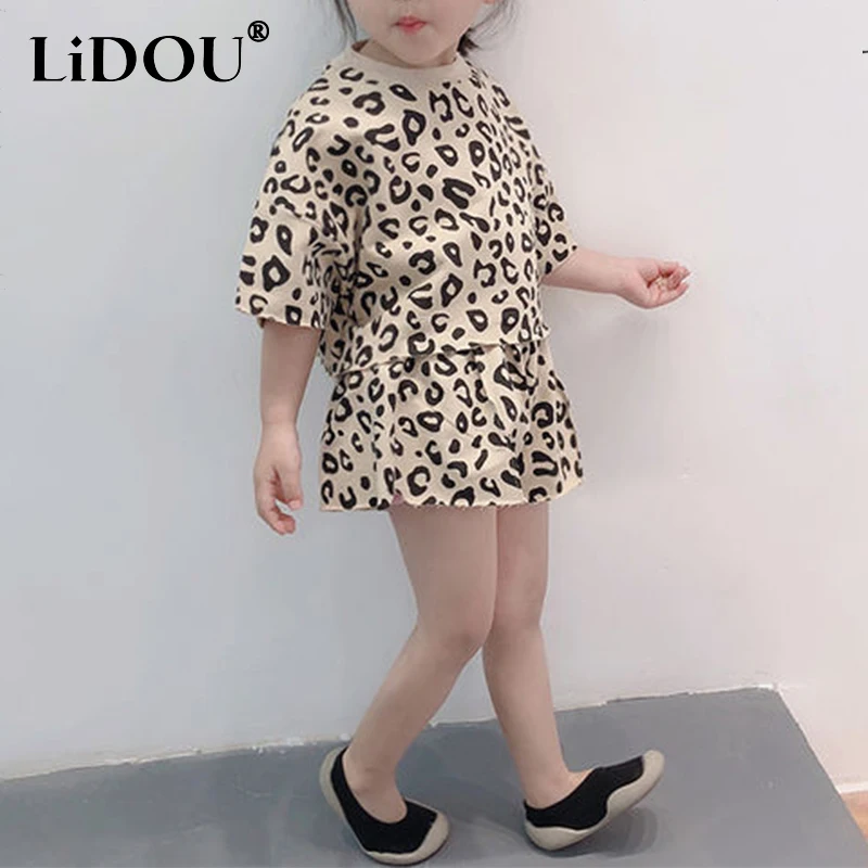

Summer Korean Fashion Y2K Leopard Girls Sets Sports Chic Loose Casual Stripe Wild Kids Suit Cute Kawaii Sweet Children's Clothes
