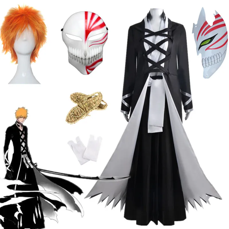 

Anime Bleach Ichigo Kurosaki Cosplay Costume Black Kimono Cloak Uniform Sets Halloween Christmas Party Clothes Props