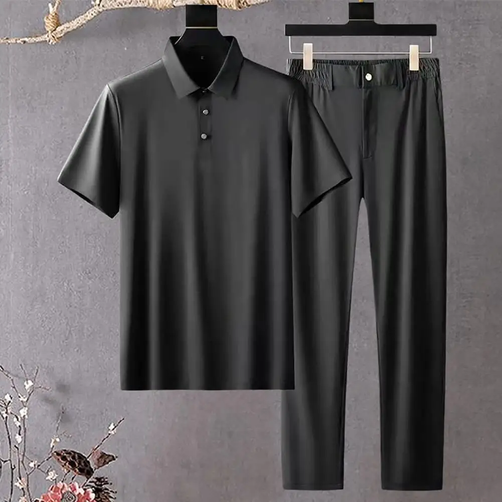 

2 Pcs/Set Men Shirt Pants Set Lapel Summer Shirt Pants Set Thin Quick Dry Men Summer Tracksuit