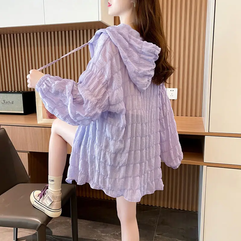 

DAYIFUN Korean Thin Sun Protection Shirt Jacket Women Summer New Large Size Hooded Design Cardigan Purple Long Sleeve Loose Tops