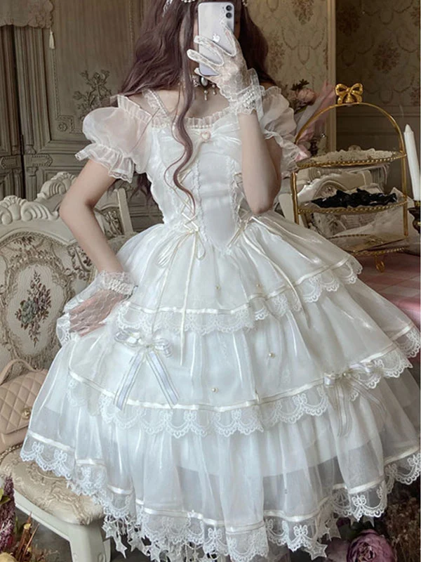 Купи Sweet Lolita JSK Dress Polyester Sleeveless Lace Bow White Lolita Jumper Skirt за 3,130 рублей в магазине AliExpress