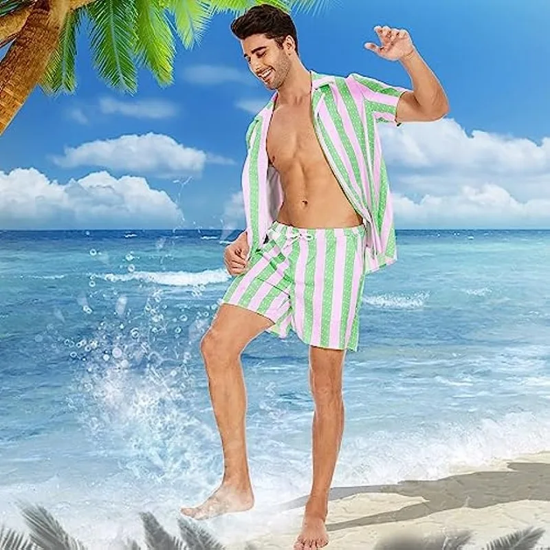 

Ken Costume Men's Casual Striped Shirt and Short Hawaiian Vacation Outfits Beach Matching Set Ken Halloween Cosplay