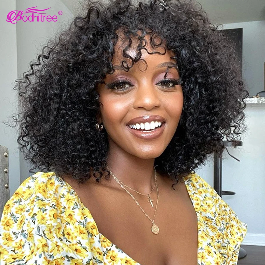 

Short Bob Curly Human Hair Wigs For Black Women Afro Kinky Curly Wig With Bangs Full Machine Made Wigs Indian Human Hair Wigs
