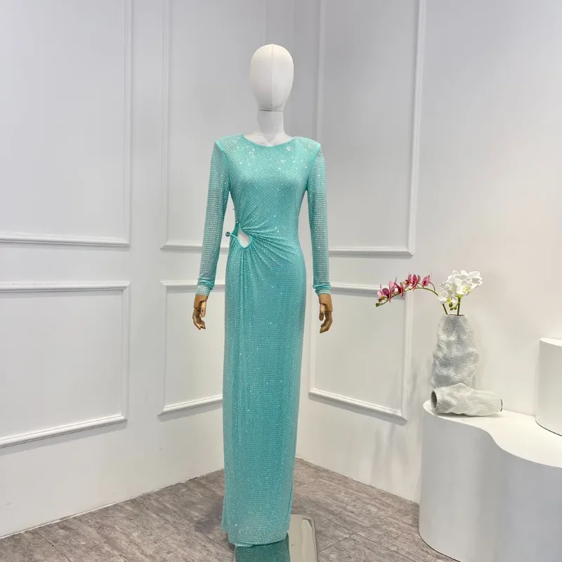 

Женское длинное платье с вырезами и бриллиантами, женское платье с длинным рукавом, ярко-голубое платье в пляжном стиле, новинка весны-лета 2023