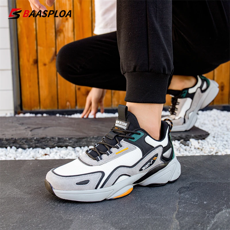 Baasploa Men Sneaker Spring Running Shoes Non-slip Breathable Casual Walking Shoes Comfortable Leather Sneakers Male Tenis Shoes