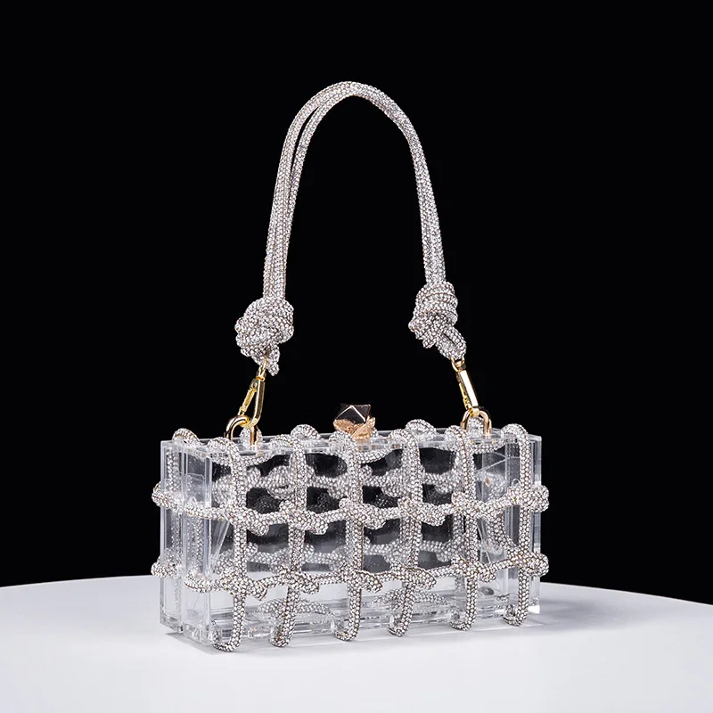 

Модная женская сумка, прозрачная акриловая коробка со сверкающими бриллиантами, банкетная Женская плетеная веревка ручной работы, маленькая квадратная сумка-клатч