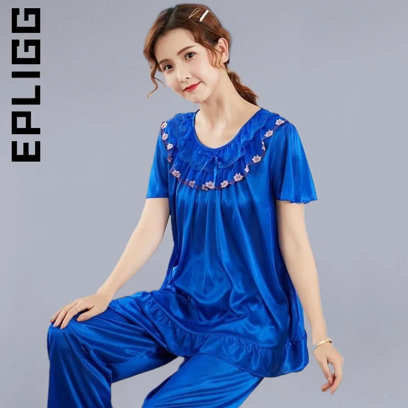 

Epligg Summer Women Pajamas Homewear For Middle Age Satin Pajamas Set Comfortable Women Pajamas Soft Nightgown Female Clothes