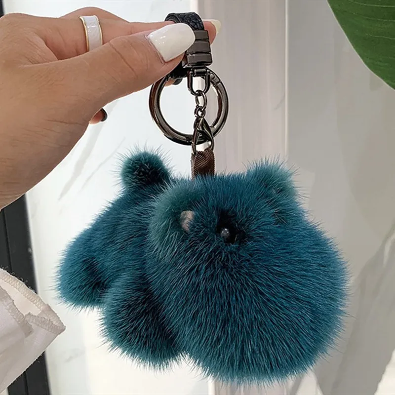 

Luxury 14cm Real Mink Fur Hippo Car Keychain Fur Pendant Bag Key Chain Women's Charm Keyrings Fashion Jewelry Gift