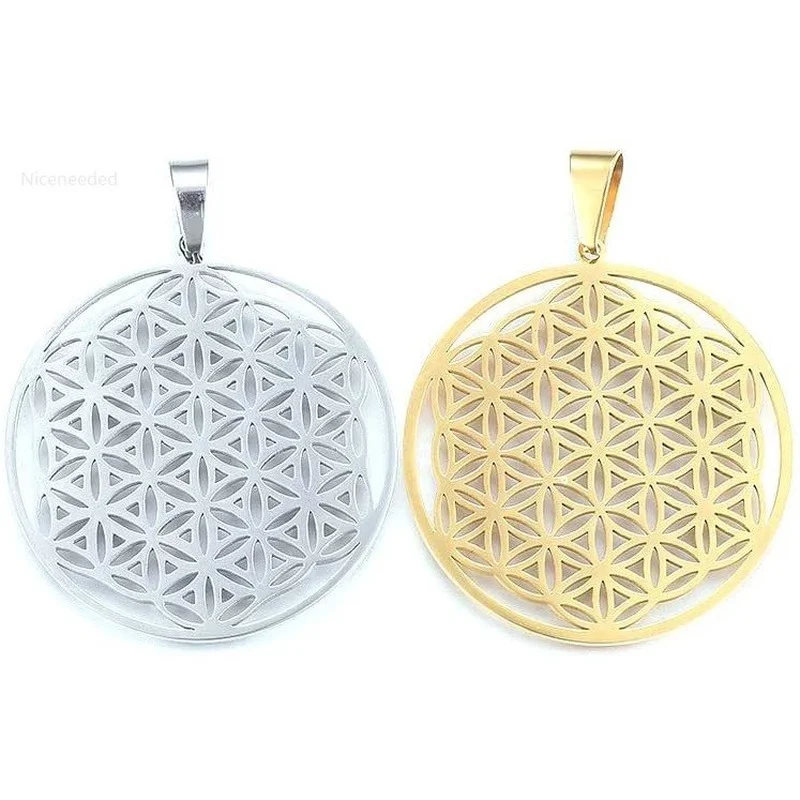 

10pcs 304 Stainless Steel Pendants Flat Round Pendants with Flower of Life for DIY Jewelry Making 42x39x1.2mm