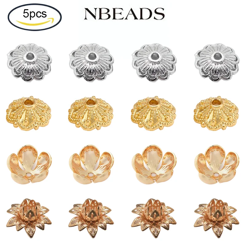 

5PC Brass Bead Caps Long-Lasting Plated Brass Flower Bead Caps 4 Styles for Jewelry Making Golden