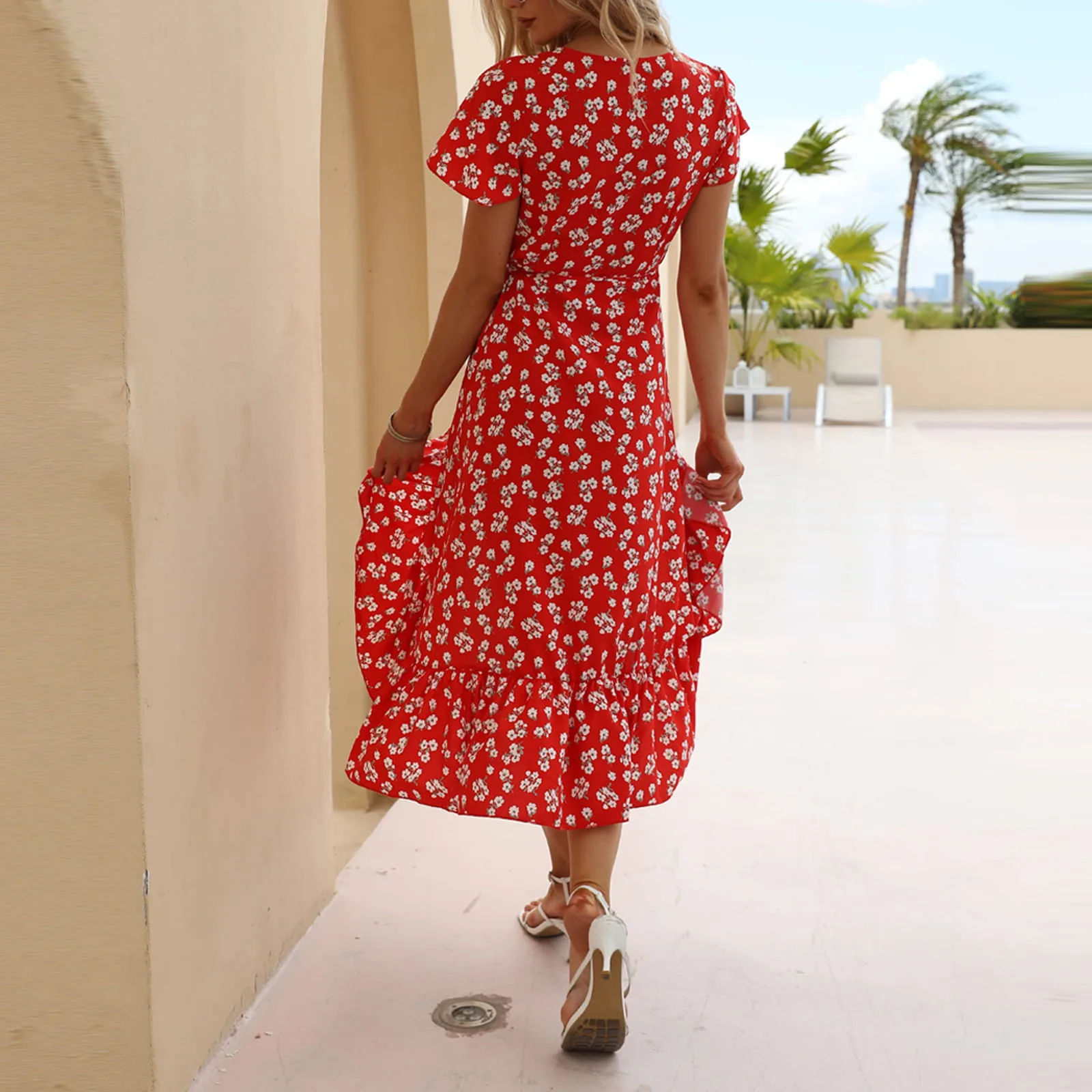 Женское шифоновое платье с V-образным вырезом коротким рукавом и высокой талией |