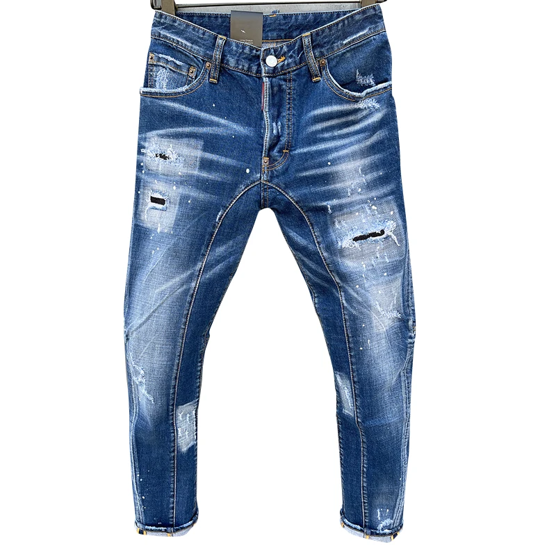2023 New Starbags DSQ Trendy men's wash, worn holes, patches, paint, ink, trim, small feet, blue jeans